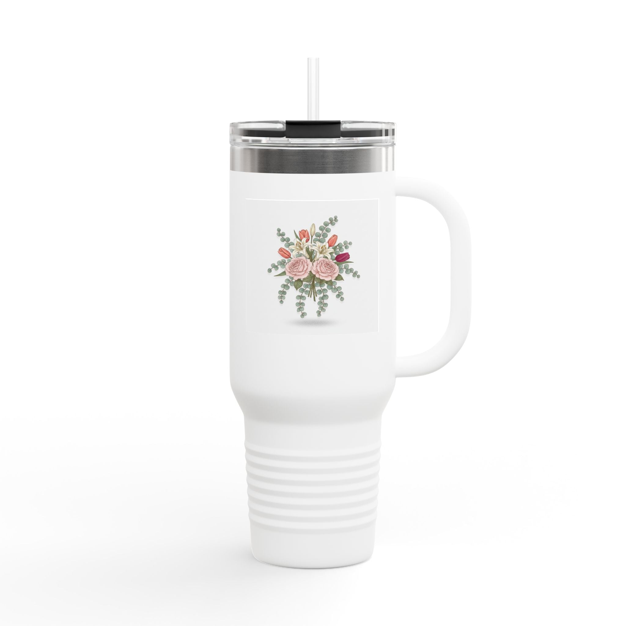 40oz Floral Insulated Travel Mug — Rose Bouquet Tumbler with Handle