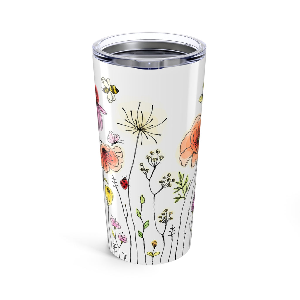 Floral Wildflower 20oz Tumbler — Watercolor Bees & Garden Flowers