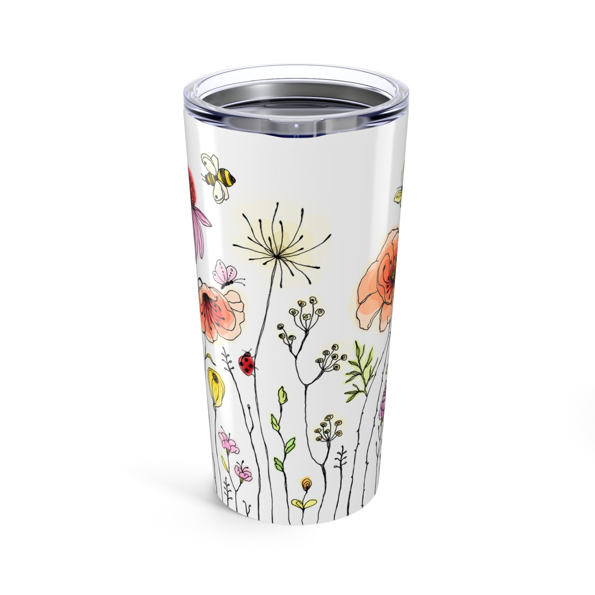 Floral Wildflower 20oz Tumbler — Watercolor Bees & Garden Flowers