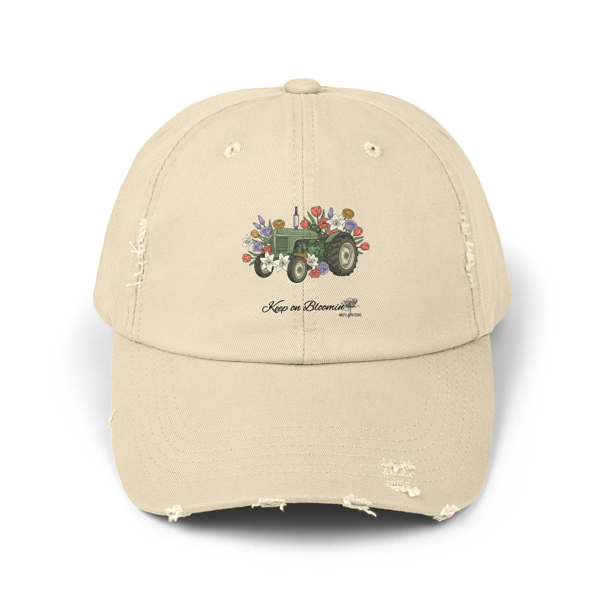 Vintage Floral Tractor Distressed Cap — 'Love on the Farm' Baseball Hat