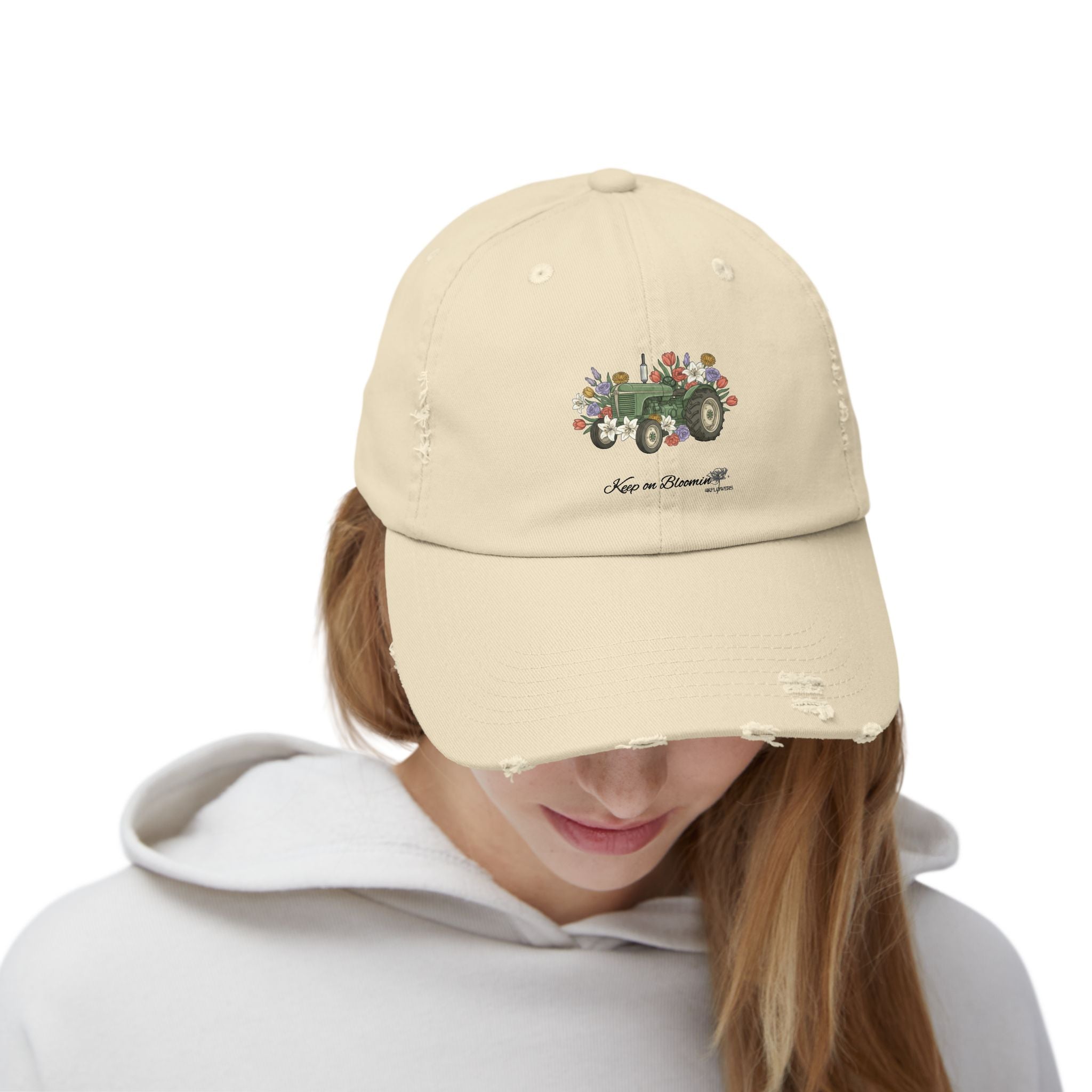 Vintage Floral Tractor Distressed Cap — 'Love on the Farm' Baseball Hat