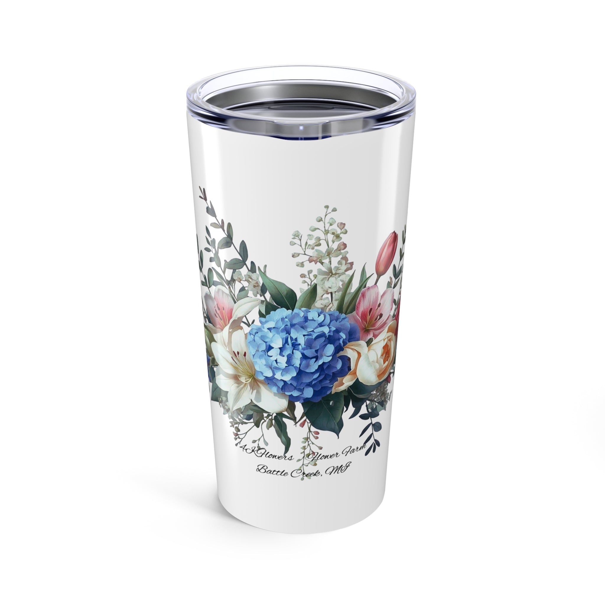 20oz Floral Tumbler — Blue Hydrangea & Rose Travel Cup